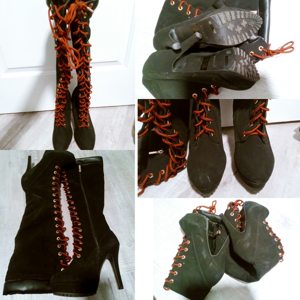 Black combat thigh high tie up heel